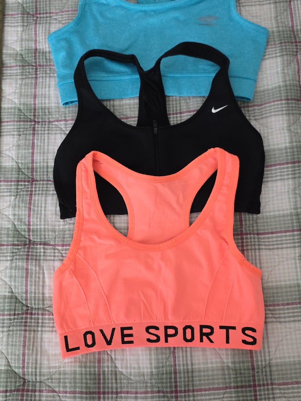 Lot of 3 Racerback Sports Bras - Turquoise, Black, Coral